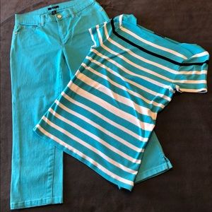 Eye Catching Matching Chaps Cropped Pants Size 4 & T Shirt Small S Turquoise